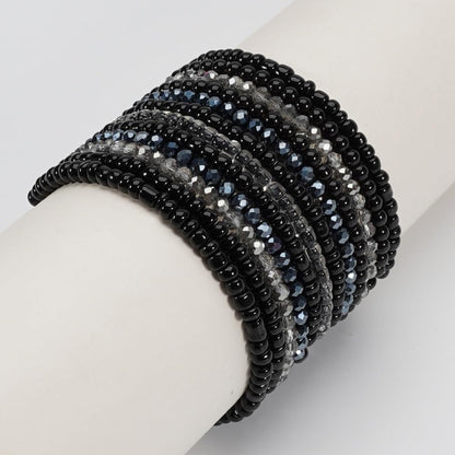 12Pcs Bohemia Multilayer Resin Seed Beaded Stackable Bracelets Colorful Crystal Glass Beads Stretch Bracelet BFF Friendship Elastic Wristbands for Women Men Summer Beach Boho Vacation Jewelry-Black