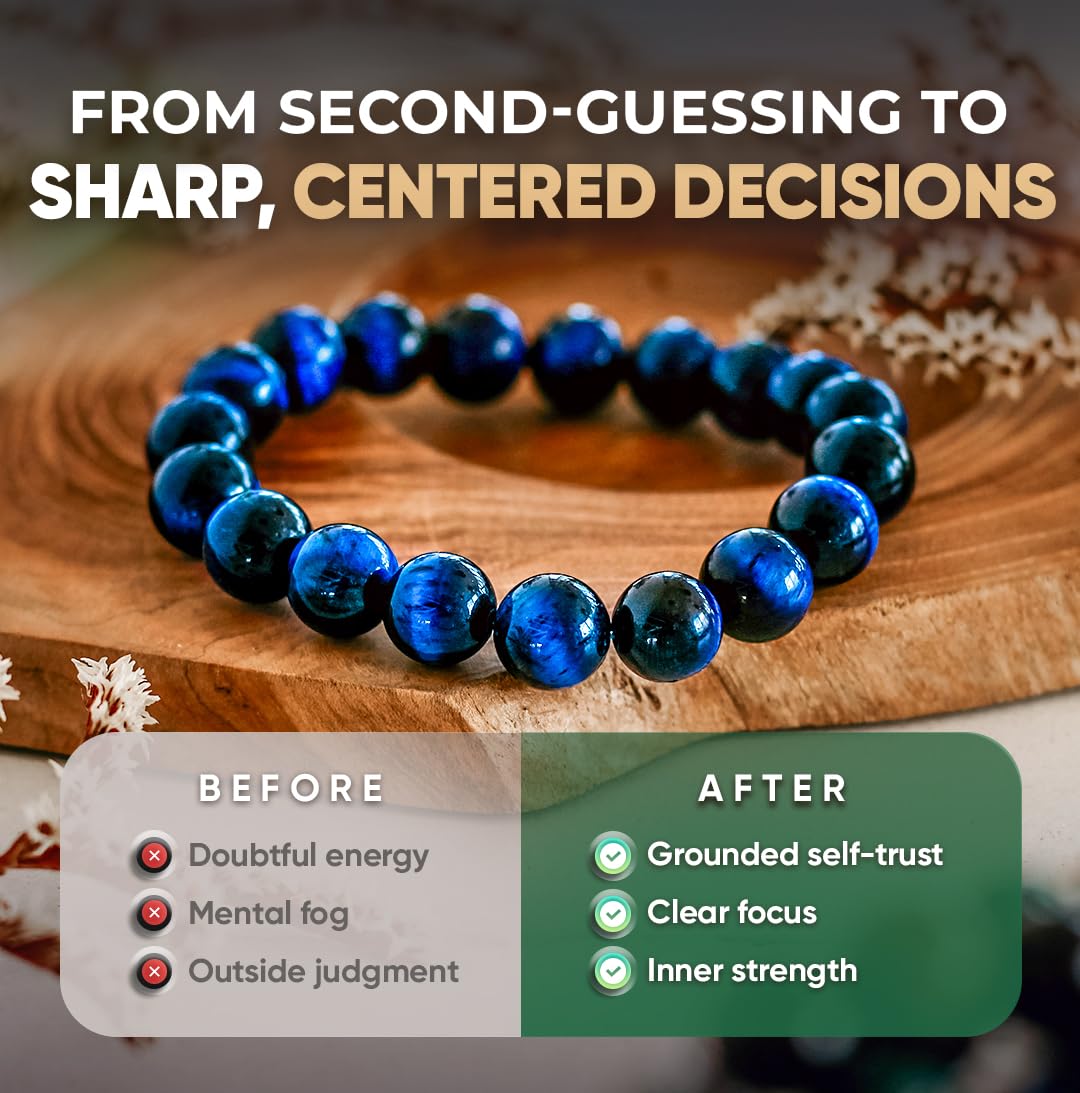 Conscious Items Blue Tigers Eye Bracelet, Natural Gemstone Beads for Focus, Motivation, Mental Clarity, & Energy Protection, Tigers Eye Beads for Confidence, Blue Bracelet for Men & Women