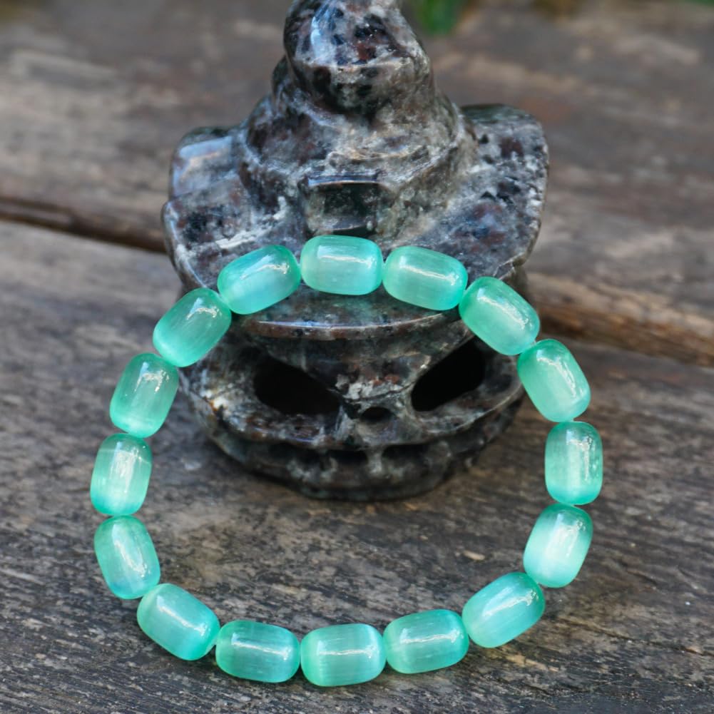 TaHLga Natural Selenite Crystal Bracelet for Women Men | 8x12mm Green Plated Cylinder Beads | Authentic Stone with Leather Pouch, Gift Box & Repair Kit | Fits 7.5 inch Wrist