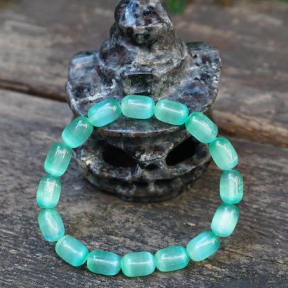 TaHLga Natural Selenite Crystal Bracelet for Women Men | 8x12mm Green Plated Cylinder Beads | Authentic Stone with Leather Pouch, Gift Box & Repair Kit | Fits 7.5 inch Wrist