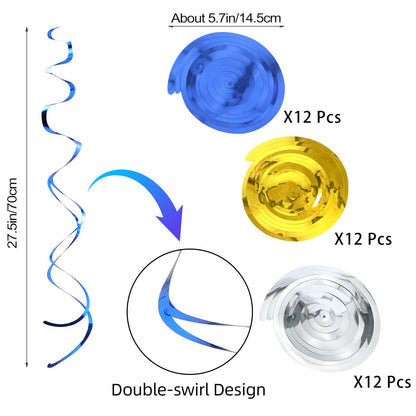 36Pcs Hanging Swirl Party Decorations Foil Decorations Ceiling Swirl Spiral Hanging Plastic Streamer for Ceiling Birthday Graduation Wedding Celebration Baby Shower Party Supply (Blue Gold Silver)