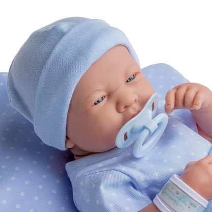 La Newborn Boutique 14" Realistic Baby Doll – 9-Piece Layette Gift Set, Soft Vinyl, Posable Limbs, Lifelike Detail – Anatomically Correct Real Boy in Blue (Berenguer / JC Toys)