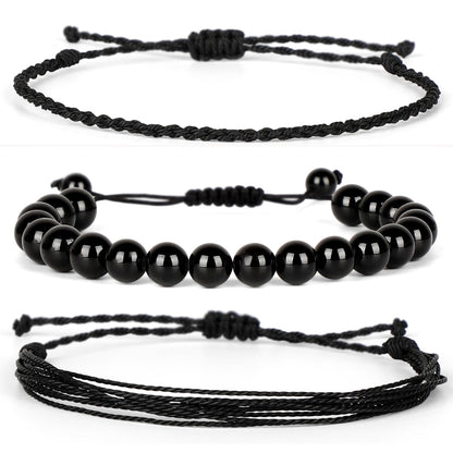 QOGIR Handmade Healing Stones Bracelet,8mm Natural Black Tourmaline Gemstone Beads Bracelet,for Men Women Gifts with 2PCS Size Adjustable Rope Bracelets