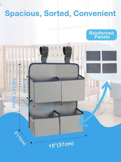 KIKJOK Hanging Diaper Organizer for Crib/Playpen/Bassinet – Hold 80+ Diapers - 4 Deep Pockets-H19in x L15 in Changing Table Diaper Holder - Hanging Diaper Storage Stacker Nursery Caddy - Gray