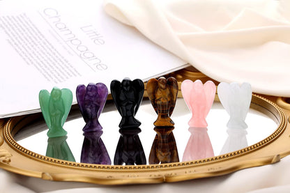 QINJIEJIE 5PCS Crystal Angel Decor Amethyst Rose Quartz Opal Black Obsidian Tiger Eye Polished Stones Statue Cute Carved Gemstone Room Office Desk Guardian Angel Home Reiki Pocket Gift for Women