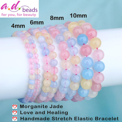 AD Beads 8mm Handmade Morganite Jade Elastic Bracelet – Natural Gemstone for Joy & Positivity – Meditation, Yoga, Healing and Energy Gift for Men Women
