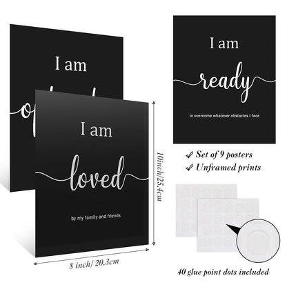 Outus 9 Pieces Inspirational Motivational Wall Art Office Bedroom Wall Art,Daily Positive Affirmations for Men Women Kids Inspirational Positive Quotes Sayings Decor(Black)