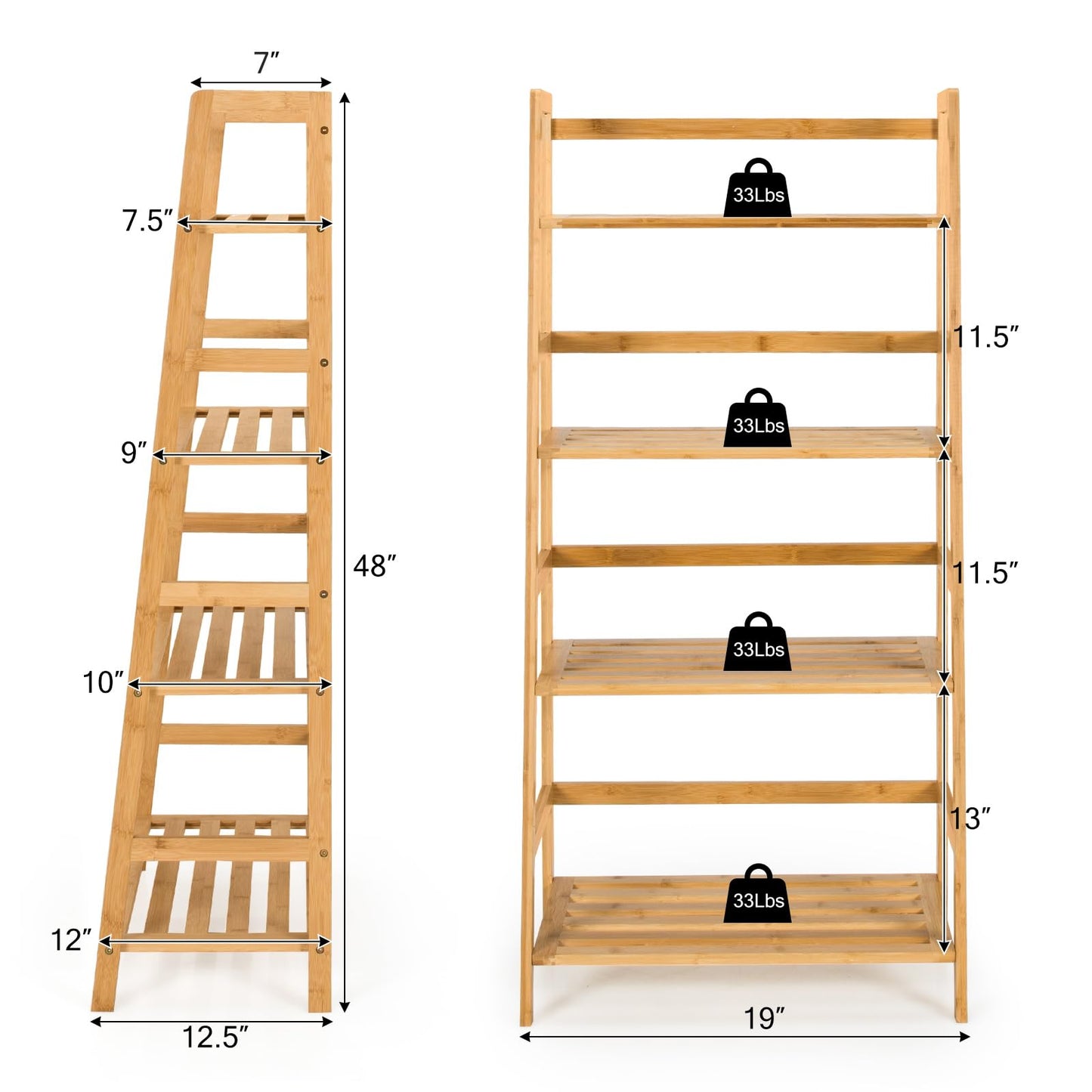Giantex Ladder Shelf, 4 Tier Bamboo Ladder Bookshelf, 48’’ Tall Freestanding Bookcase Storage Rack Plant Stand for Living Room, Balcony, Office, Bedroom, Farmhouse Wooden Ladder Bookshelf, Natural