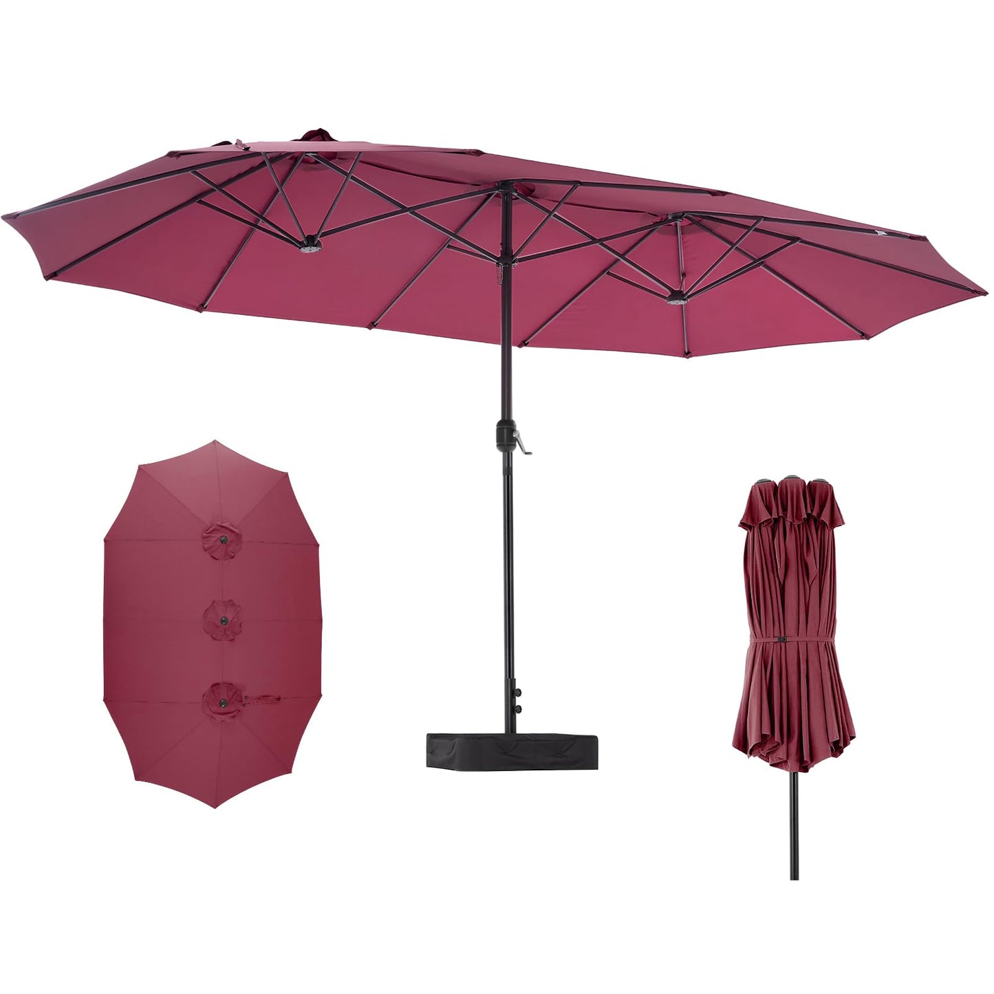 DUMOS 15FT Large Patio Umbrella with Base Included, Heavy Duty Extra Wide Outside Umbrella with 12 Ribbed Bars, Rectangle Outdoor Table Umbrella for Patio, Backyard, Pool, Deck & Garden, Red