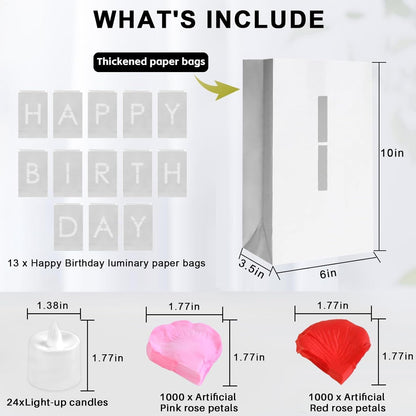 Happy Birthday Decorations for Women Men Girls White Paper Bags with Letter Cards 2000PC Rose Petals Set, Happy Birthday Banner for Door Room Party Decorations, Surprise Gifts Banner
