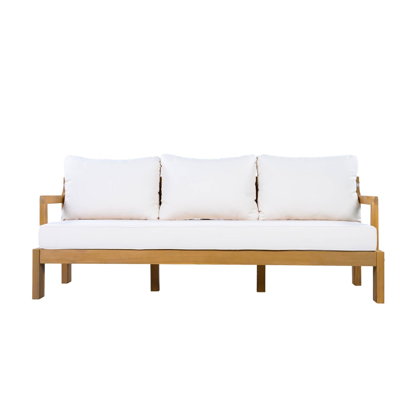 Christopher Knight Home Bayah Acacia Wood Outdoor 3 Seater Sofa with Cushion, Solid Wood Patio Sofa with Removable Cushion, Comfy Lounge Sofa for Patio Furniture Set, Natural Teak+Beige