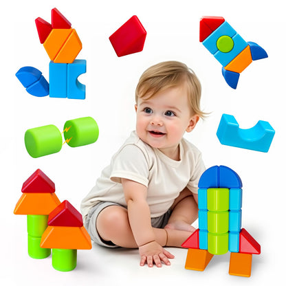 Pairez Toys Magnetic Building Blocks, Large Magnetic Blocks for Kids Ages 1-3, 3D Geometric Shapes Stacking Blocks Set, Montessori Sensory Toys for Toddlers, Boys & Girls (12pcs)