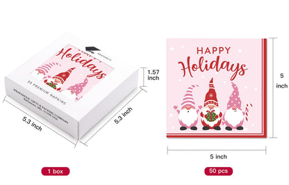 WRAPAHOLIC 50Pcs Christmas Gnomes Paper Napkins - 3-Ply Disposable Cocktail Napkin for Christmas Party Supplies Tableware, Xmas Holiday Party Decorative Towels - 5 x 5 In
