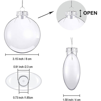 12 Pcs Christmas Ball Ornaments,3.15" DIY Clear Plastic Fillable Ornament Balls Flat Sphere Hanging Ornament Set for Christmas Tree, Halloween and Wedding Birthday Party Decorations (80mm)
