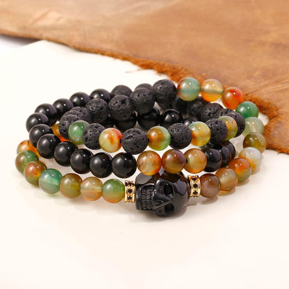 Xfoxstal Wrap Agate Stretch Beaded Bracelets Protection Obsidian Small Skull Lava Stone Bracelet for Women Essential Oil Diffusers Jewelry Meditation Gifts 8mm