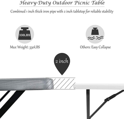 Hysache Picnic Table Bench Set, Patio All Weather Metal Base Camping Table Set w/Wood Texture Tabletop, Steel Frame, Large Camping Picnic Tables for Backyard Poolside Garden Patio Lawn (Grey)