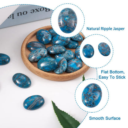 Fashewelry 20Pcs Natural Oval Blue Ripple Jasper Flat back Gemstone Cabochons 25x18mm Healing Chakra Crystal Stone Bead Cab Covers No Hole for Jewelry Craft Making