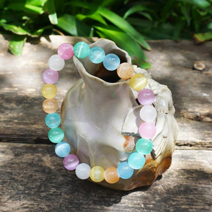 TaHLga 8mm Rainbow Selenite Bracelet - Iridescent Natural Crystal | Handmade Meditation Bracelet with Cat-Eye Effect | Come with Beading Tool Kit - Adjustable to 6.5-7.5 inches Wrist Size