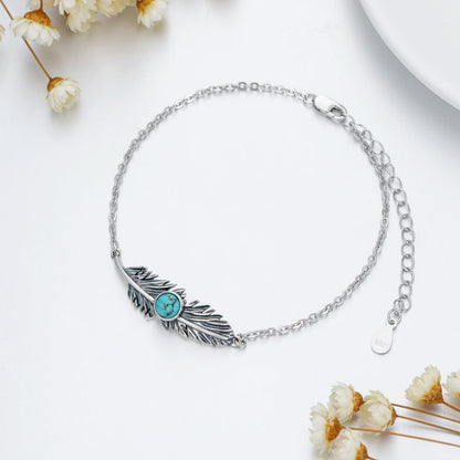 BETHZA Feather Turquoise Bracelet for Women Sterling Silver Genuine Turquoise Gemstone Link Adjustable Bracelet Navajo Jewelry Gift for Birthday Mothers Day (7+2")