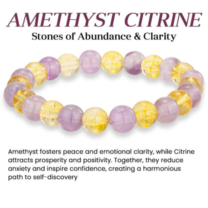 Crystal Vibe Citrine and Amethyst Crystal Bracelet for Birthday - 8mm Beaded Bracelet for Spirituality and Success - Healing Chakra Gifts for Women - Elastic Adjustable Size