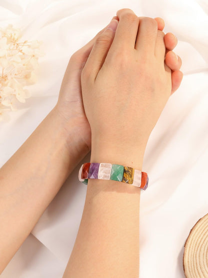 Jovivi Chakra Gemstones Healing Crystal Bracelet Natural Semi Precious 15mm Square Faceted Beaded Stretch Bracelet Bangle 7.5 Inch