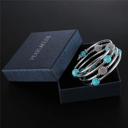 PEARL&CLUB Beaded Chakra Bangle Turquoise Bracelet - Fashion Jewelry Wrap Bracelet with Thick Silver Metal and Mala Beads, Birthday Gifts For Women(63-Turquoise Blue)