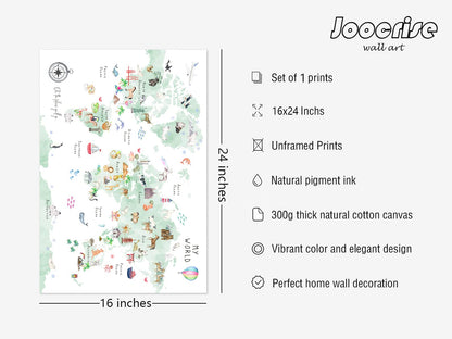 Joocrise Green Kids World Map Wall Art Animal Map Canvas Wall Art Nursery Wall Decor World Map Poster Childrens Room Decor Playroom Prints Educational Artwork 16x24 Inch Unframed