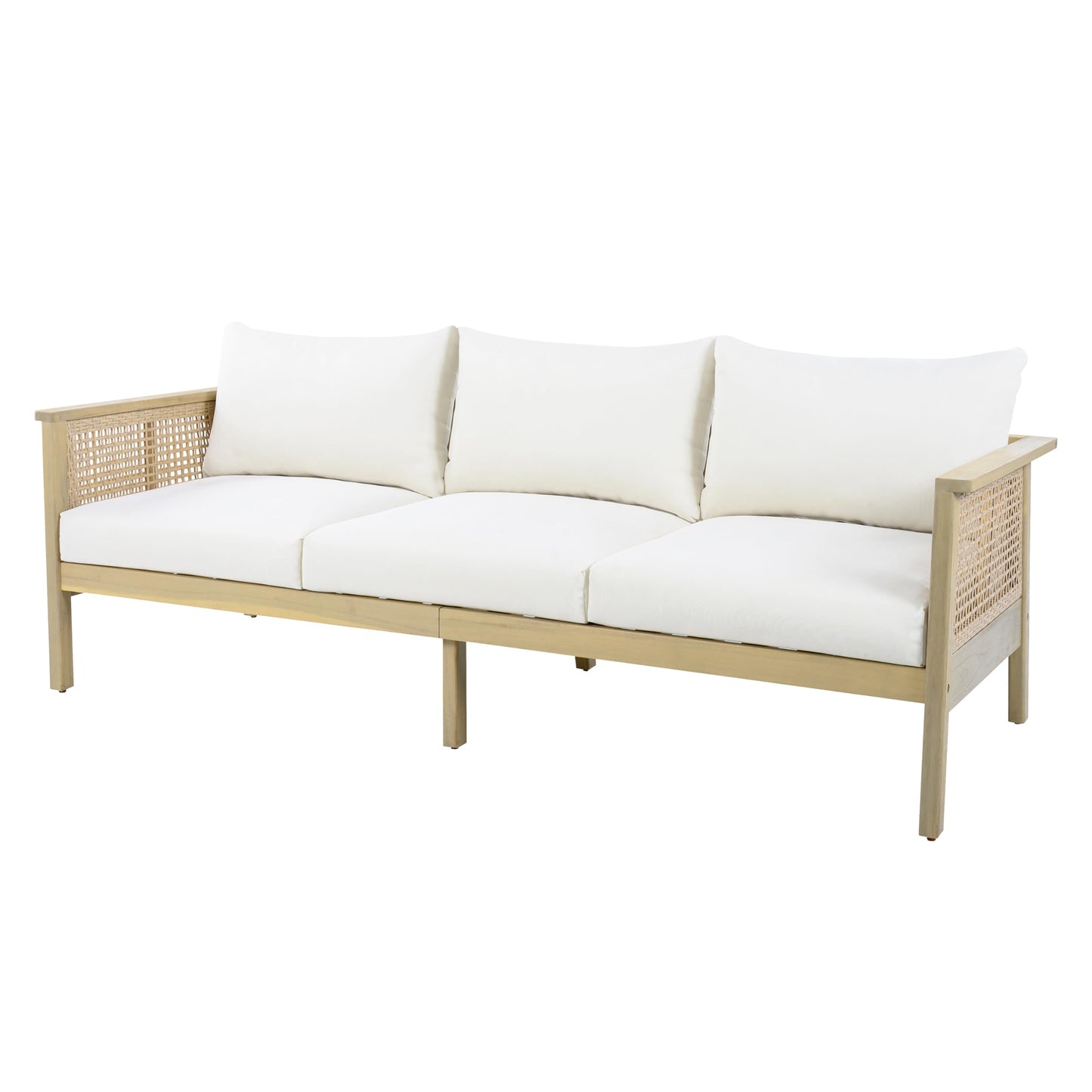 Christopher Knight Home Teras Acacia Wood Outdoor 3 Seater Sofa with PE Wicker Armrest, Solid Wood Patio Sofa with Removable Cushion, Comfy Lounge Sofa for Patio Furniture Set, Light Teak+Beige