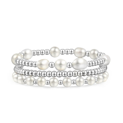 Silver Pearl Bracelets for Women Baroque Pearl Stackable Stretch Bead Ball Bracelet Jewelry Gifts （3PCS)