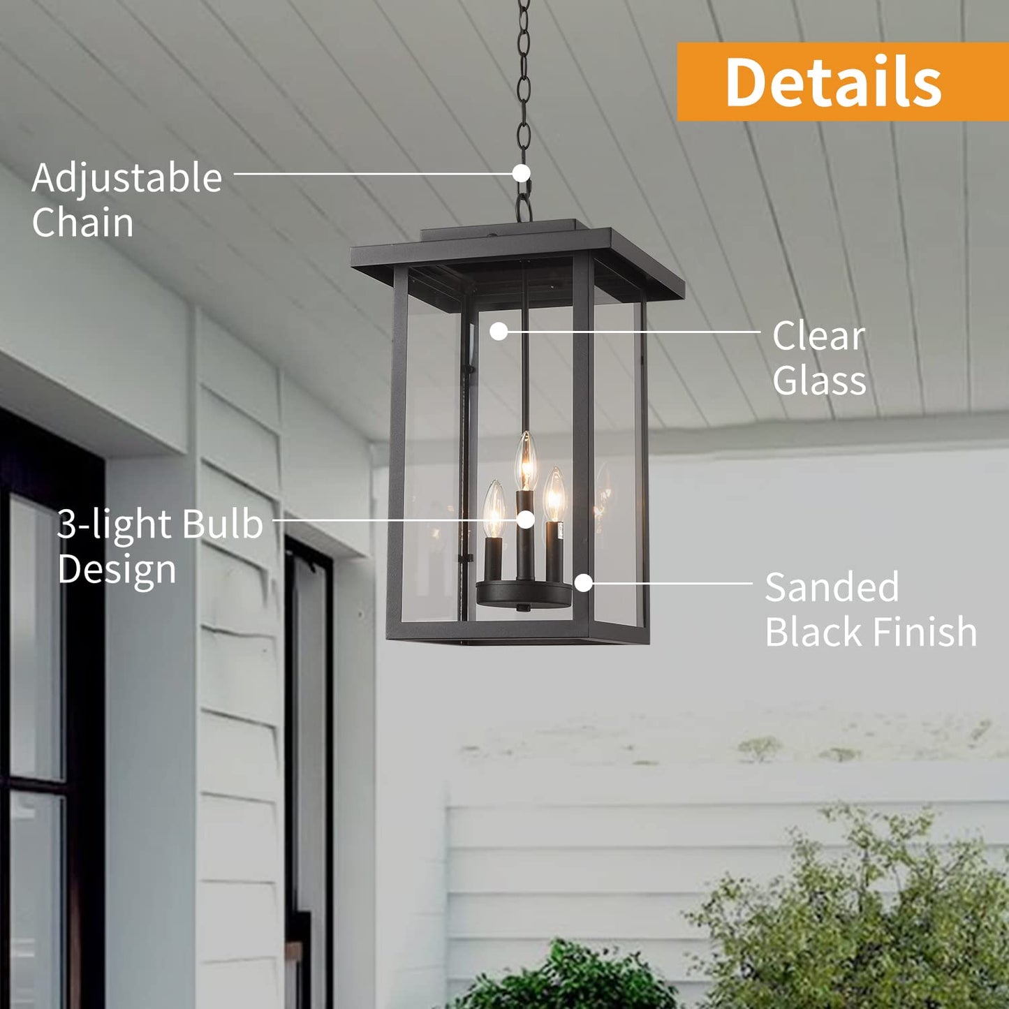 Smeike Outdoor Pendant Light Exterior Hanging Lantern, Large Outdoor Hanging Porch Light, Matte Black Finish with Clear Glass, 3 Light Outdoor Chandelier