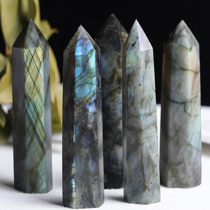 Natural Labradorite Crystal Point - 5.8-6.2 inch Labradorite Wand with Iridescent Rainbow Flash Stone for Energy Protection, Spiritual Awakening & Decoration - (Labradorite /5.8-6.2 inch 2pcs)