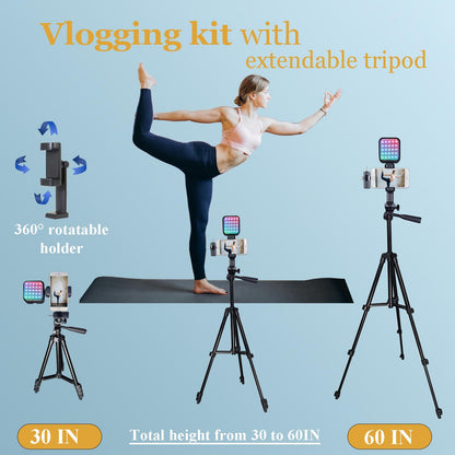 Litchitech Vlogging Kit for iPhone Andriod Phone, Content Creator Essentials,YouTube Begginer Kit with RotatableHolder/Lavalier Microphone/RGB Light/Remote/Extendable Tripod (60IN Tripod)