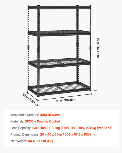 VEVOR Storage Shelves, 2400 lbs, 4 Tier Heavy Duty Garage Shelving, 20" D x 40" W x 60" H Adjustable Metal Shelves for Industrial Shelving Unit Utility Shelf, for Kitchen, Warehouse, Basement, Black