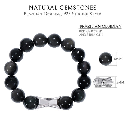 AWNL® Men's Beaded Bracelet with Sterling Silver Engraved Runes Charm 12mm Obsidian Natural Gemstone Gift for Men, 6.5''-7.1''
