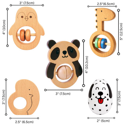 Voofy Wooden Baby Rattle Set (5pcs) – Montessori Infant Grasping Toys for 0-12 Months, Natural Non-Toxic Sensory Development Toy, Eco-Friendly Shaker Organic Baby Shower Gift for Boys & Girls