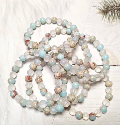 TUQBA Healing Crystal for Women and Men Amazonite White Agate Stress Relief Natural Stone Stretch Beaded Bracelet Christmas Gift for Baptism, Birthday, Mothers days gift
