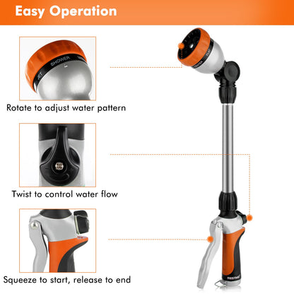 RESTMO Metal Watering Wand, Heavy Duty Garden Hose Wand with 180° Swivel Ratcheting Head, 16'' Hose Nozzle Sprayer with 7 Spray Patterns and Flow Control, for Water Hanging Baskets and Shrubs, Orange