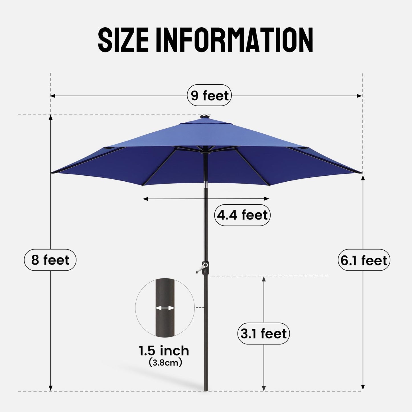CROWN SHADES 9 Ft Patio Umbrella - Polyester Outdoor Umbrella with 30° Push Button Tilt, Patented Edge Connection Design for Patio, Pool, Garden & Table, UV Resistent