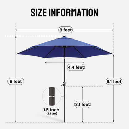 CROWN SHADES 9 Ft Patio Umbrella - Polyester Outdoor Umbrella with 30° Push Button Tilt, Patented Edge Connection Design for Patio, Pool, Garden & Table, UV Resistent