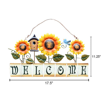 Sunflower Welcome Sign Metal Hanging Welcome Plaque for Wall Front Door - Decorative Flower Yard Signs Spring Wreath Decor for Garden Porch Patio Backyard (D)