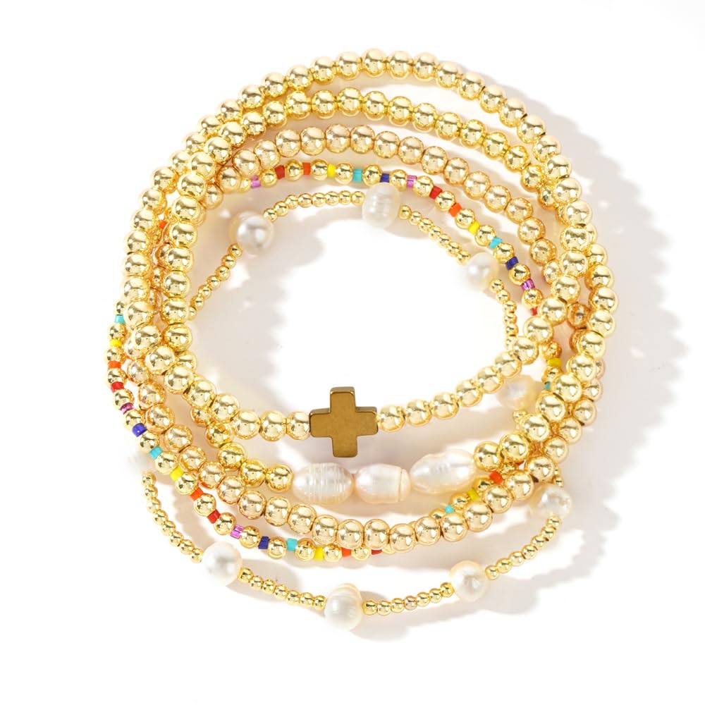SHINUS BOHO Dainty 14K Gold Plated Pearl Beaded Cross Bracelets Stack Set for Women,Stretch Boho Christian Faith Colorful Beads Ball Jewelry Friendship Summer Trendy Gift