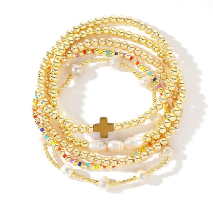 SHINUS BOHO Dainty 14K Gold Plated Pearl Beaded Cross Bracelets Stack Set for Women,Stretch Boho Christian Faith Colorful Beads Ball Jewelry Friendship Summer Trendy Gift