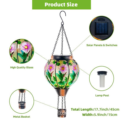 DREAMSOUL Hummingbird Hot Air Balloon Solar Lantern, Hanging Solar Lanterns Outdoor with Flickering Flame Light, Metal & Glass Solar Lanterns Outdoor Waterproof for Patio Yard Decor