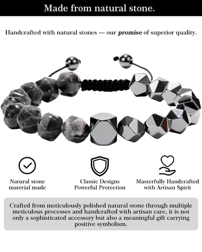 Beaded Bracelet for Men, 10mm Natural Stones Bracelet for Men's Gift, Adjustable Precision-Cut Gemstone Crystal Healing Bracelet, Protection Jewelry Gift with Hematite, Tiger Eye (Black Labradorite & Hematite)