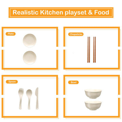 Bruvoalon 32Pcs Kids Play Kitchen Toys Set, Toddlers Pretend Cooking Playset Acccessories with Pots Pans, Utensils Cookware, Foods, Canned Veges, Learning Gift for Kids Girls Boys (White)