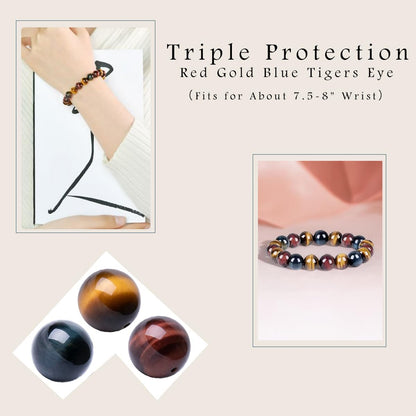 OwizJade 12MM Tiger Eye Bracelet for Women Men Beads | Mixed Red Gold Blue - Fits for About 8" Wrist | Triple Protection Tigers Eye Chakra Gemstones | Anxiety & Stress Relief | Absorb Negative Energy