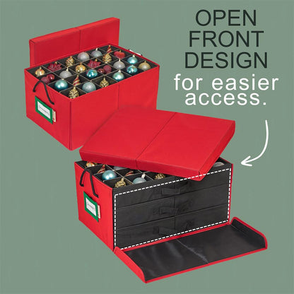 HOLDN’ STORAGE Christmas Ornament Storage Box with Dividers, Holds 72 Ornaments (3 Inch), Large Ball Storage Container with 3 Removable Trays, Durable and Portable - Red