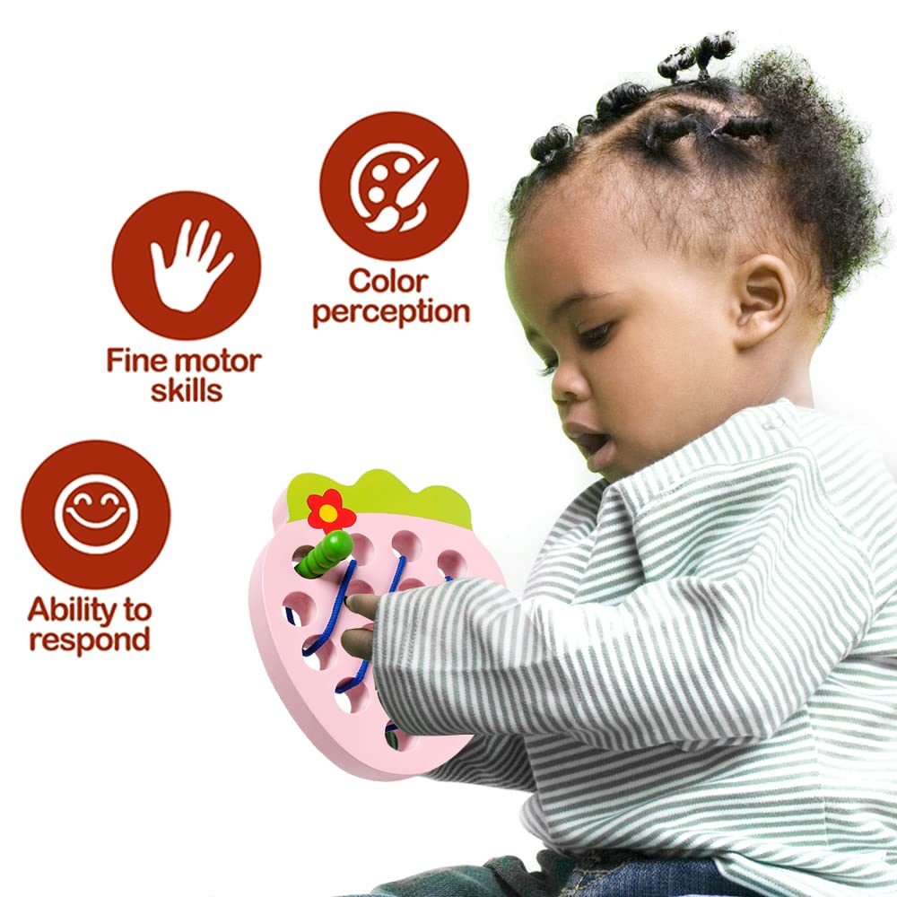 NAODONGLI Wooden Lacing Toys for Toddlers, Baby Toys Strawberry Threading Learning Fine Motor Skills,Montessori Sensory Educational Wooden Block Puzzle Travel Gift for 3 Years Old Baby Boys Girls