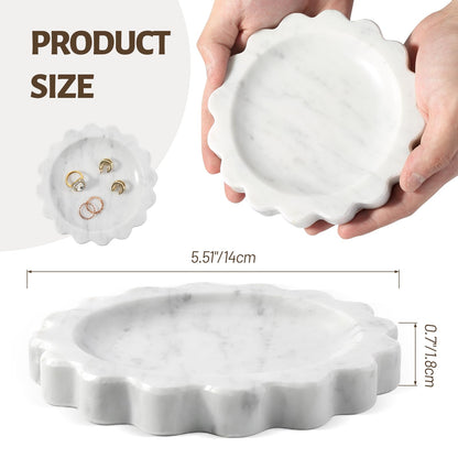 Koville 5.51" Scalloped Marble Tray, Round Stone Jewelry Trinket Dish for Ring, Natural Small Marble Tray for Bathroom Kitchen Dresser Countertop, Decorative Candle Tray(Bianco Carrara)
