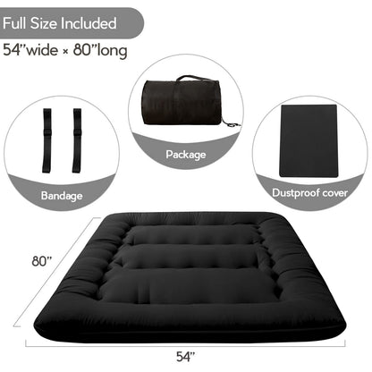 MAXYOYO Japanese Floor Mattress Futon Mattress, 4" Thicken Tatami Mat Sleeping Pad Foldable Roll Up Mat Boys Girls Dormitory Pad Kids Floor Lounger, Black, Full